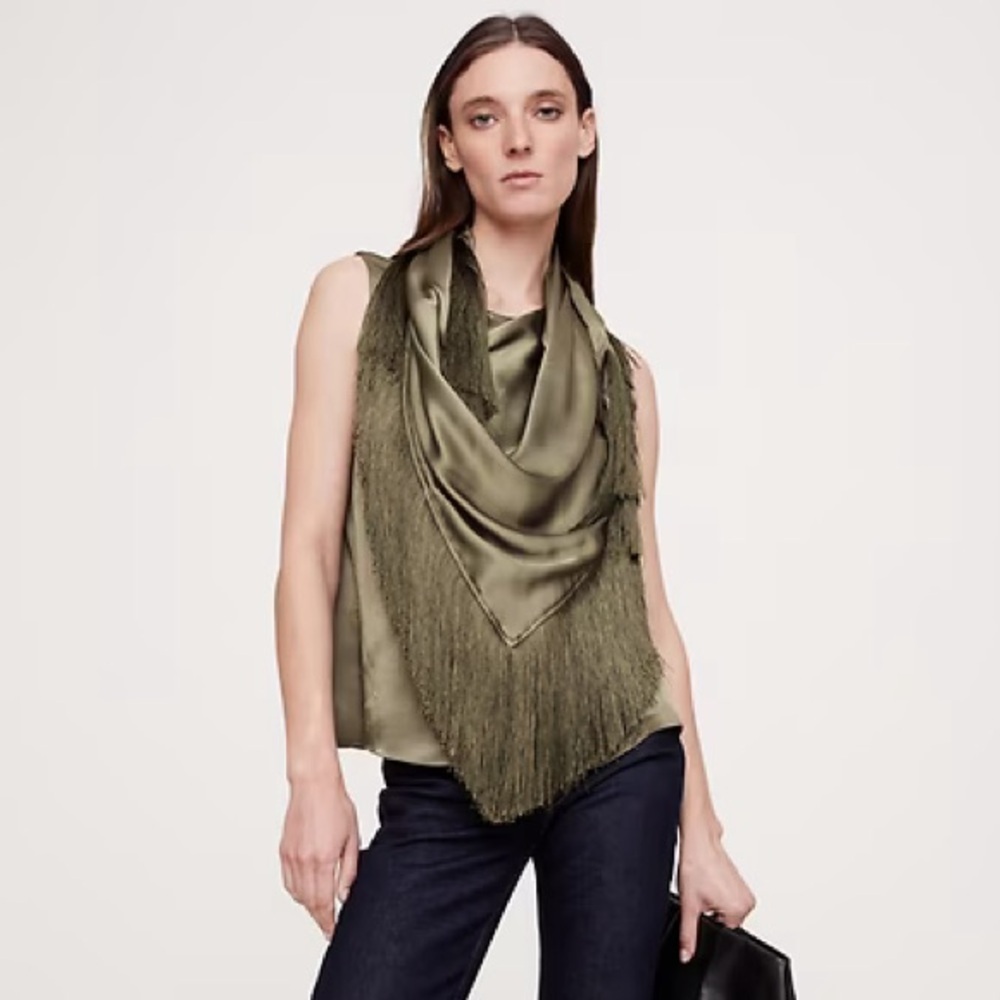 NWT! Banana Republic Olive Green Silky Crepe Fringe Top - Multiple